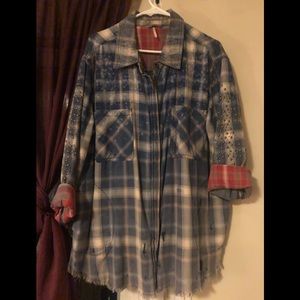 Free People deconstructed plaid Flannel shirt jacket studded distressed